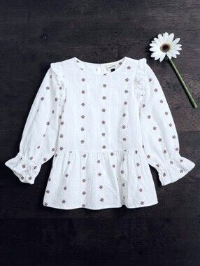 Universal Thread Embroidered Floral Balloon Sleeves Ruffle Shoulders Peplum Med